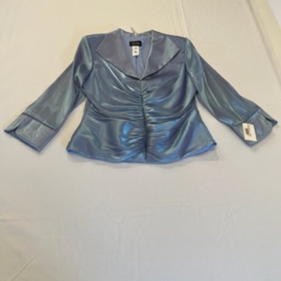 Xscape Joanna Chen Women's Shimmery Blue Blouse Top V-Neck Ruched Lined … - Picture 1 of 12